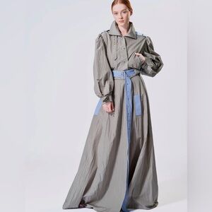 Chic Olive Maxi Windbreaker Skirt with Denim Details